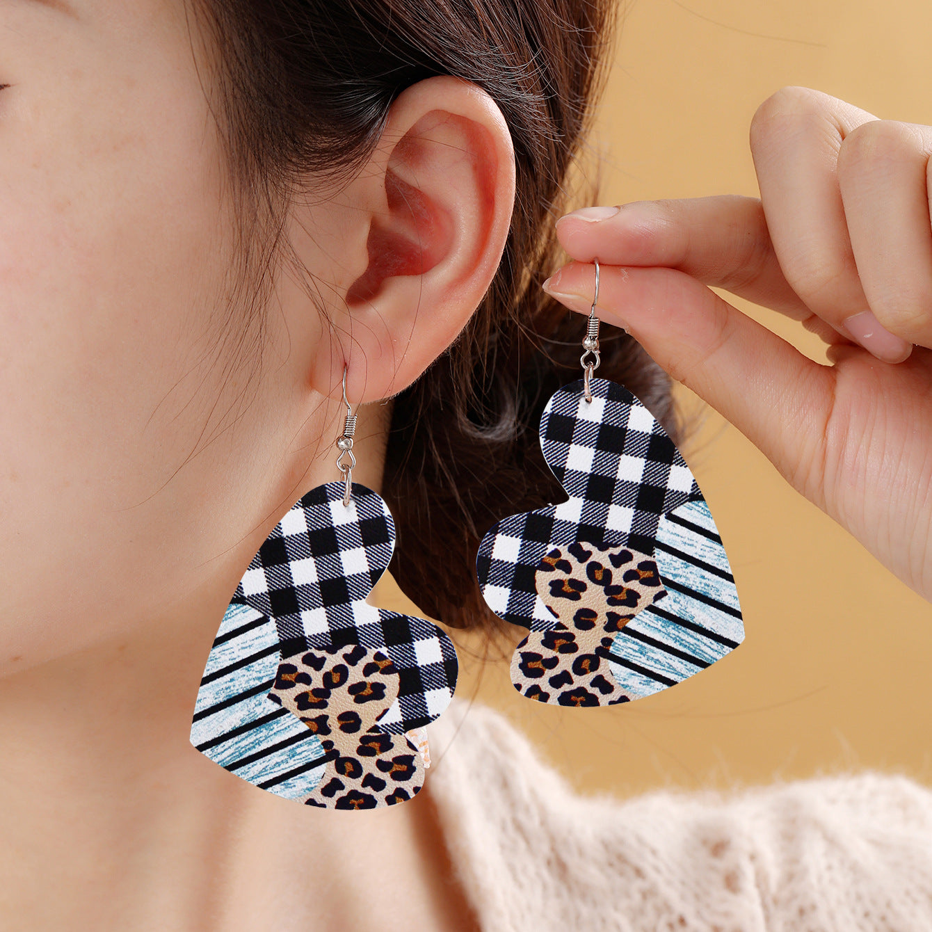 Wholesale Valentine's Day Red and Black Plaid Stripe Tie Dyed Leopard Heart Double Sided Leather Earrings